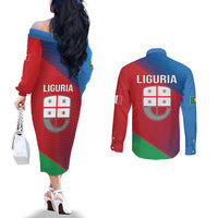 Italy Liguria Couples Matching Off The Shoulder Long Sleeve Dress and Long Sleeve Button Shirt Emblem With Flag Style LT19