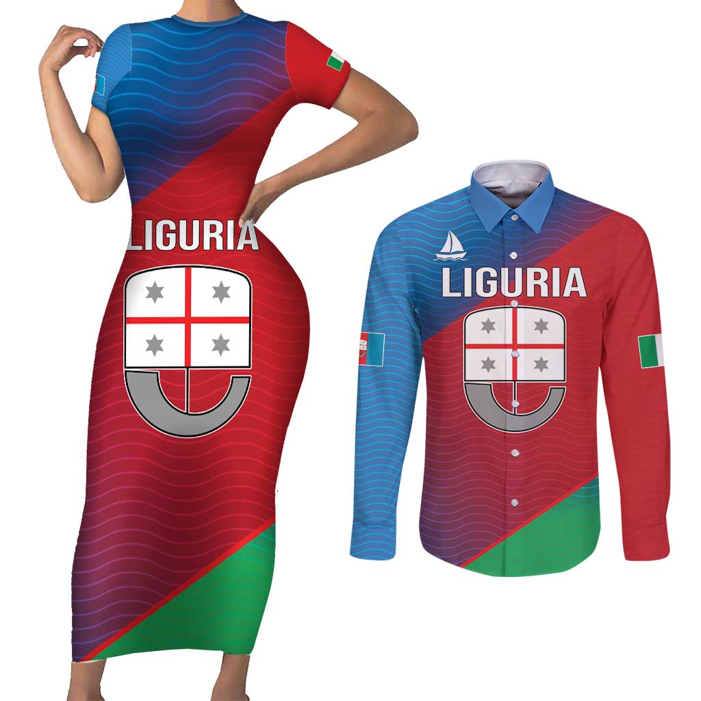 Italy Liguria Couples Matching Short Sleeve Bodycon Dress and Long Sleeve Button Shirt Emblem With Flag Style LT19