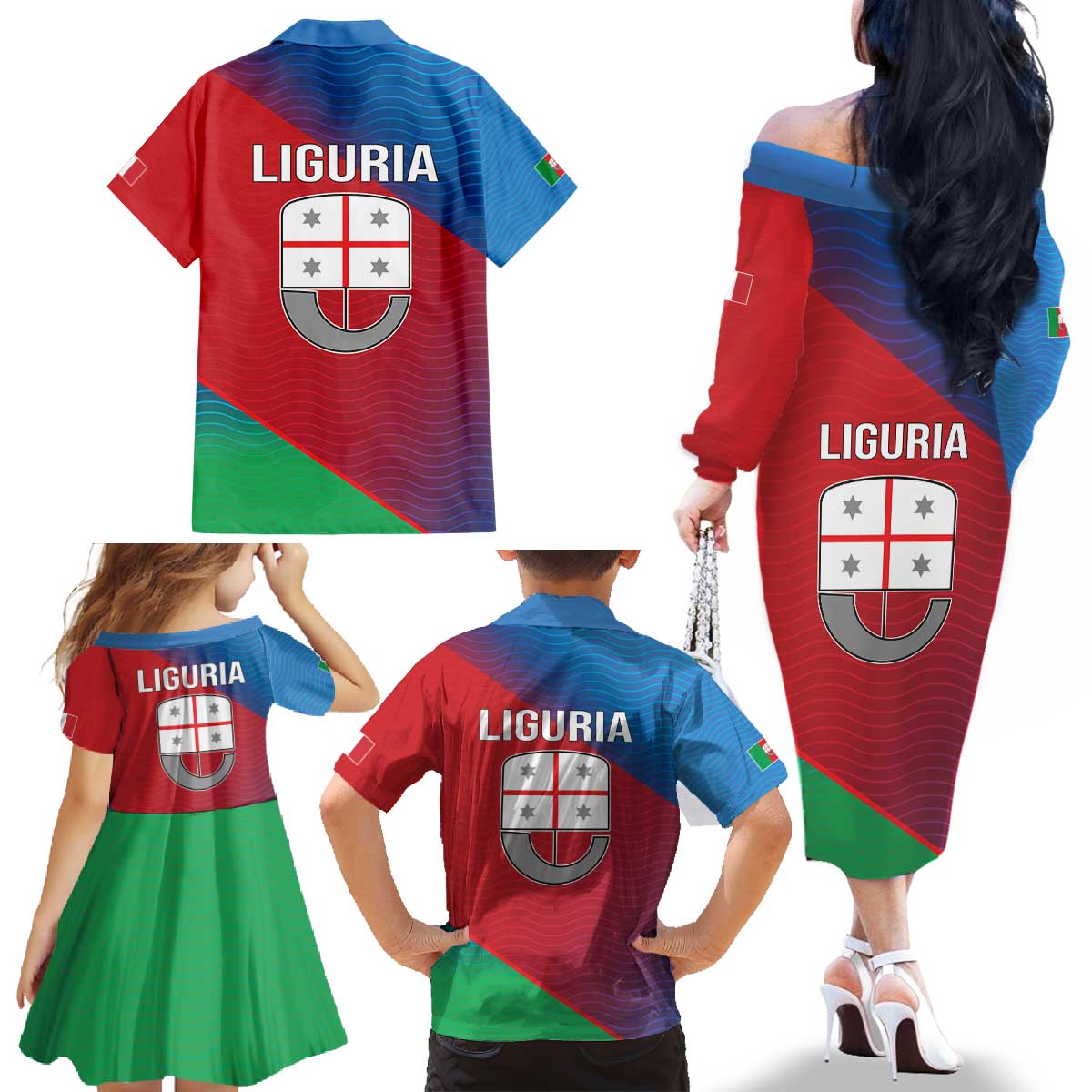 Italy Liguria Family Matching Off The Shoulder Long Sleeve Dress and Hawaiian Shirt Emblem With Flag Style LT19