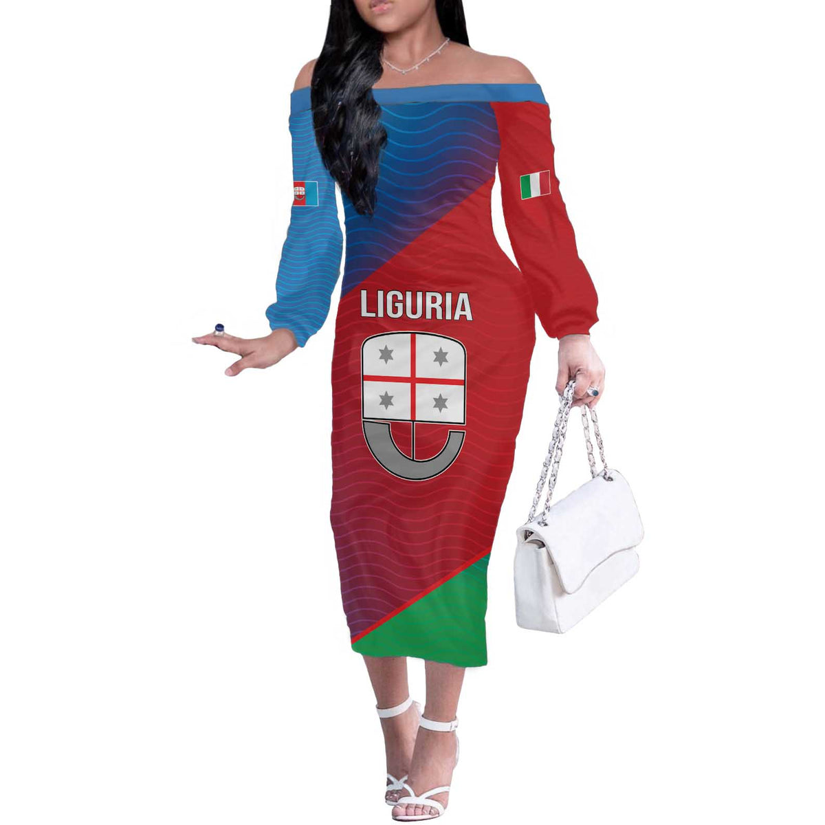 Italy Liguria Off The Shoulder Long Sleeve Dress Emblem With Flag Style LT19