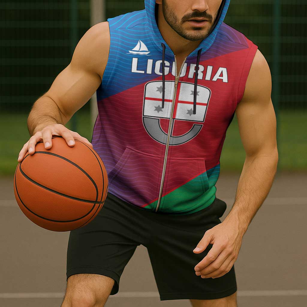 Italy Liguria Sleeveless Zip Hoodie Emblem With Flag Style - Wonder Print Shop