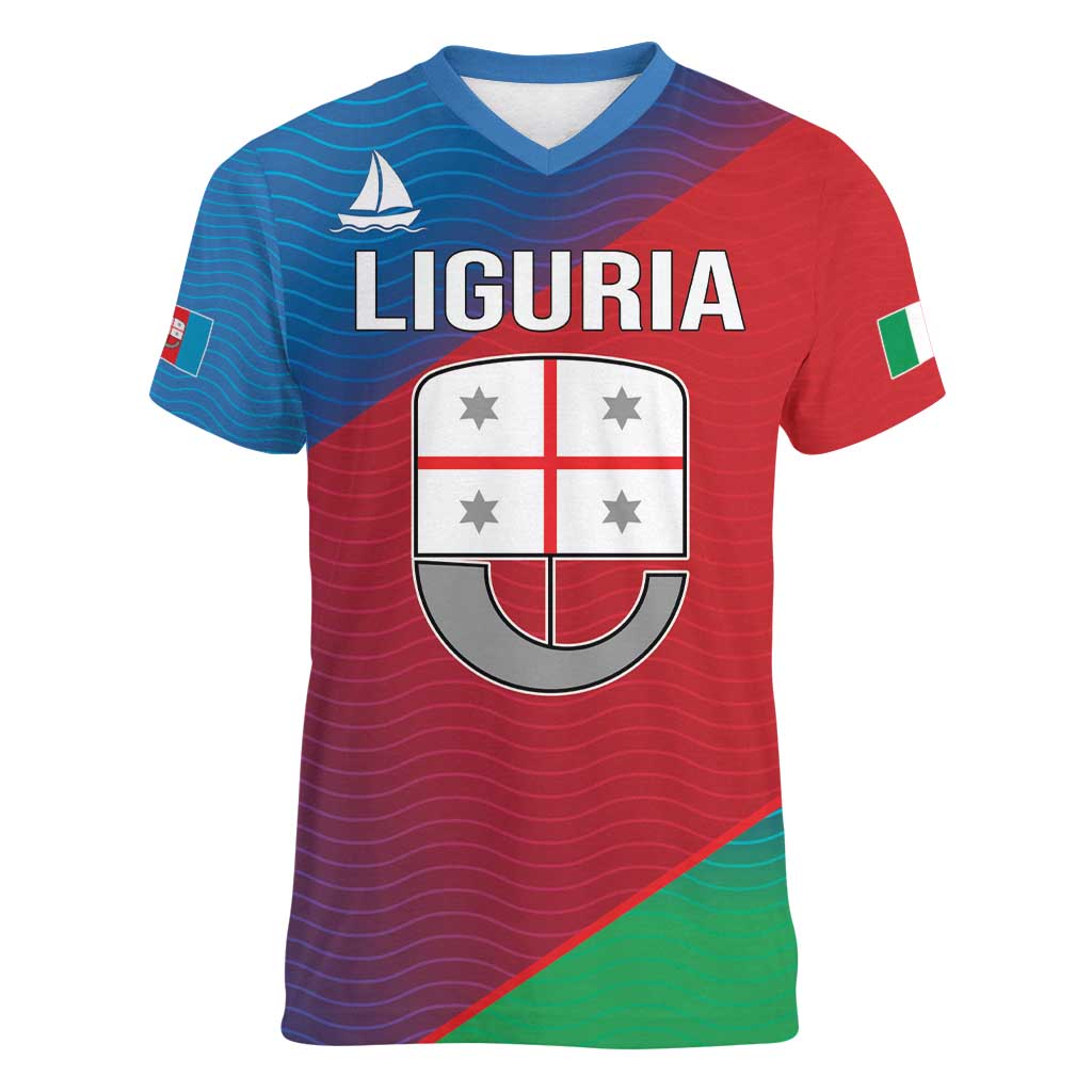 Italy Liguria Women V-Neck T-Shirt Emblem With Flag Style LT19