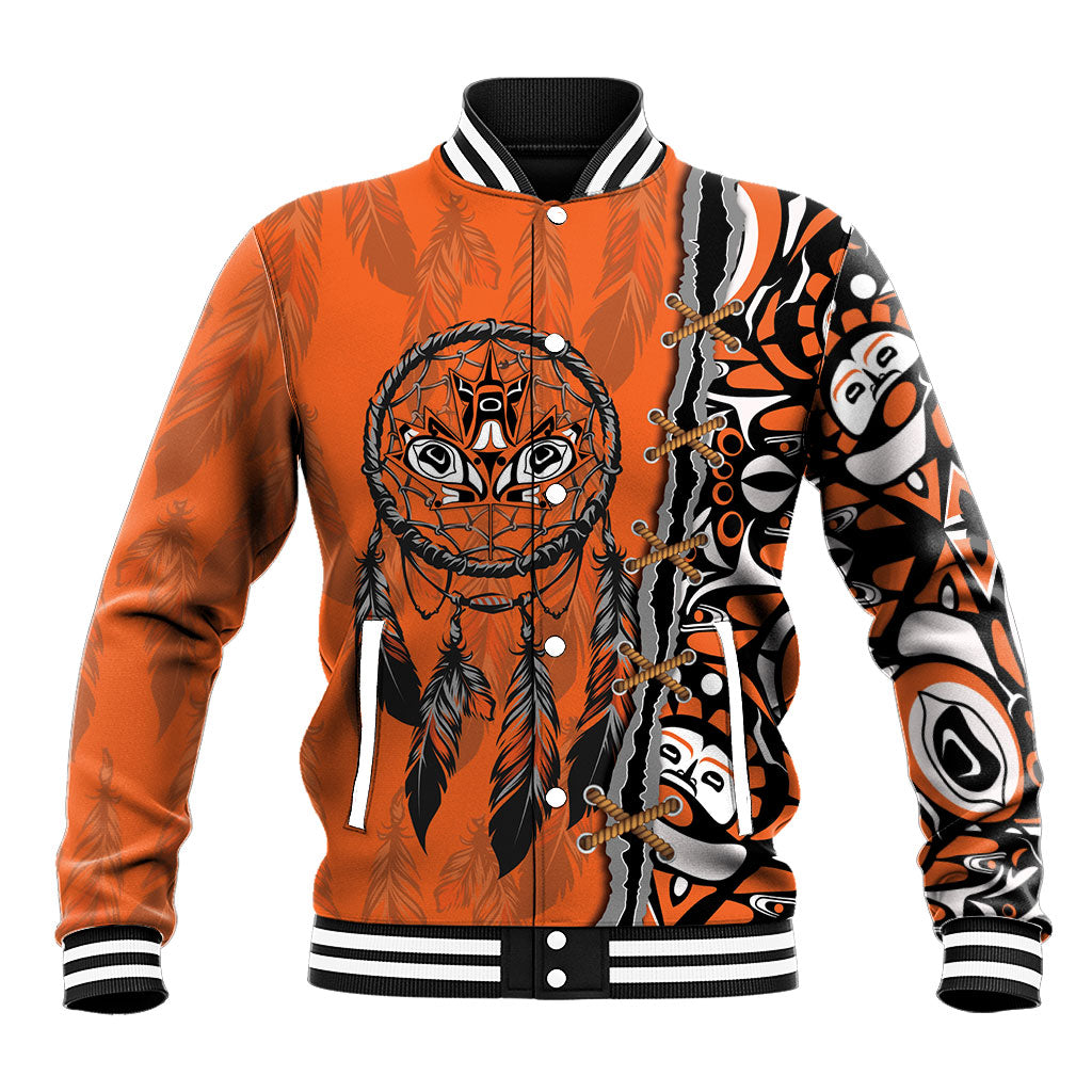 Canada Indigenous Orange Shirt Day Baseball Jacket Haida Dreamcatcher Art