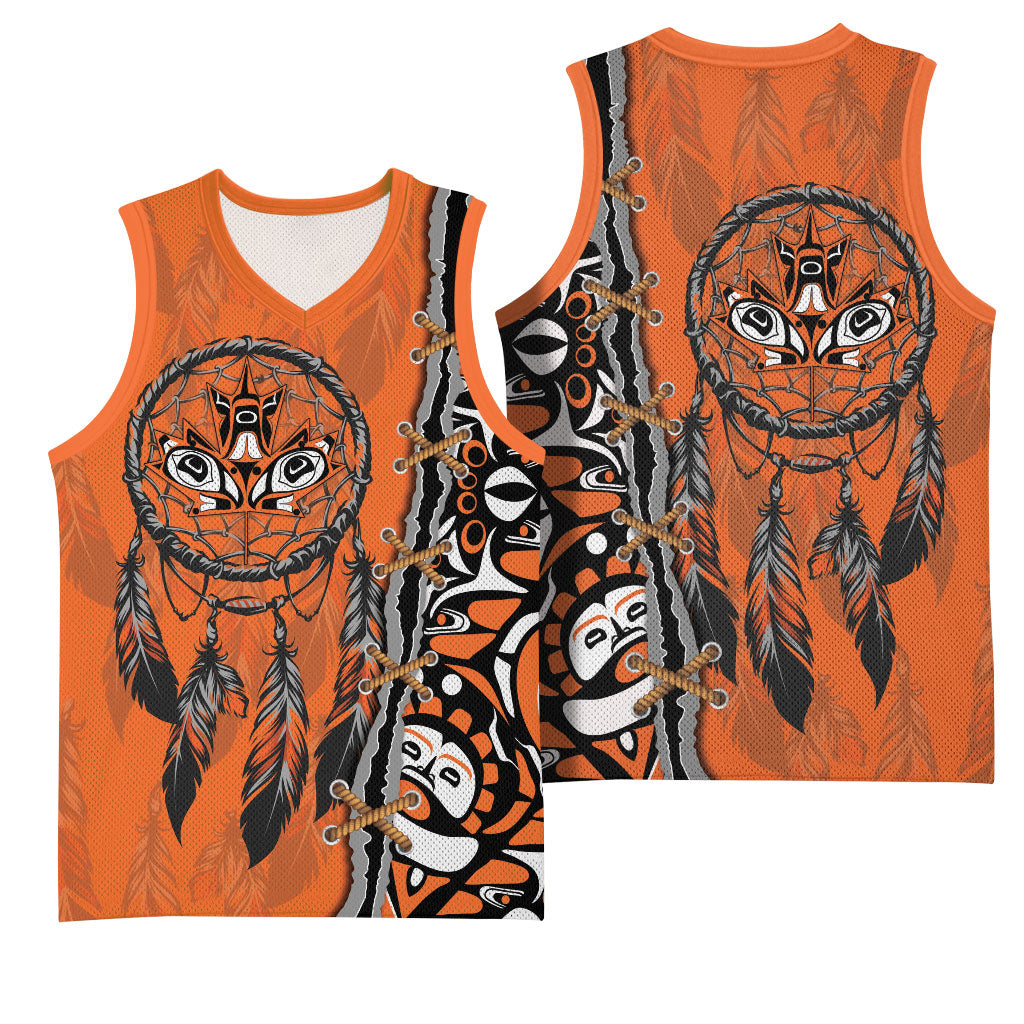 Canada Indigenous Orange Shirt Day Basketball Jersey Haida Dreamcatcher Art
