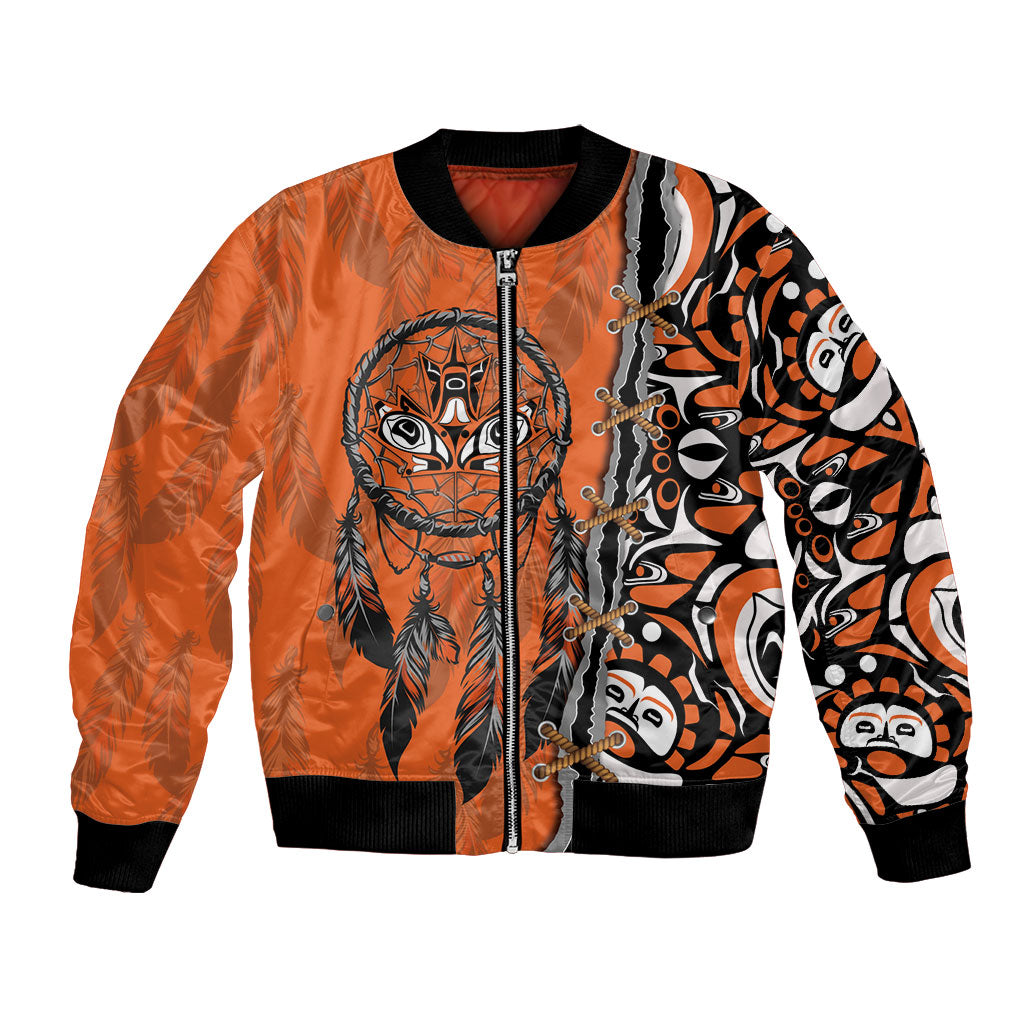 Canada Indigenous Orange Shirt Day Bomber Jacket Haida Dreamcatcher Art