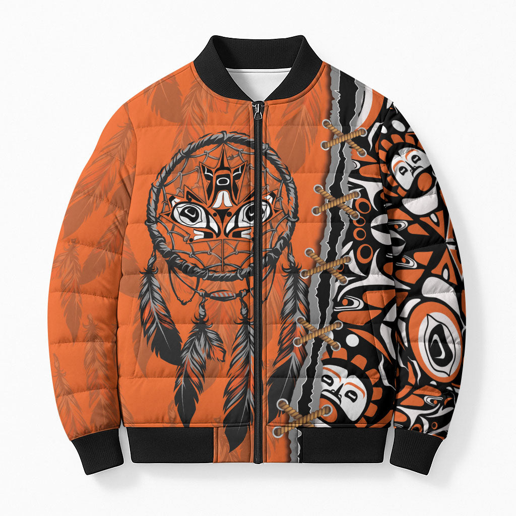 Canada Indigenous Orange Shirt Day Bomber Puffer Jacket Haida Dreamcatcher Art