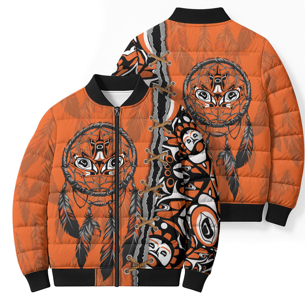 Canada Indigenous Orange Shirt Day Bomber Puffer Jacket Haida Dreamcatcher Art