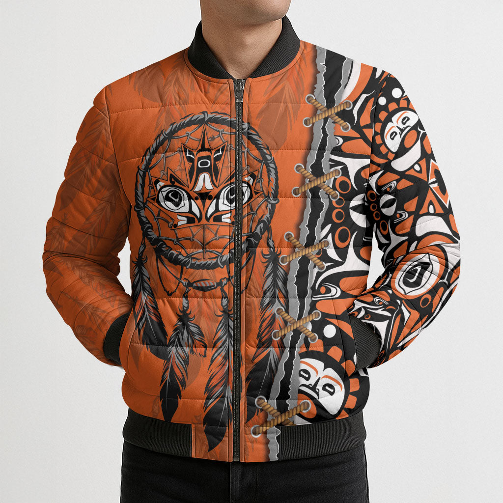 Canada Indigenous Orange Shirt Day Bomber Puffer Jacket Haida Dreamcatcher Art