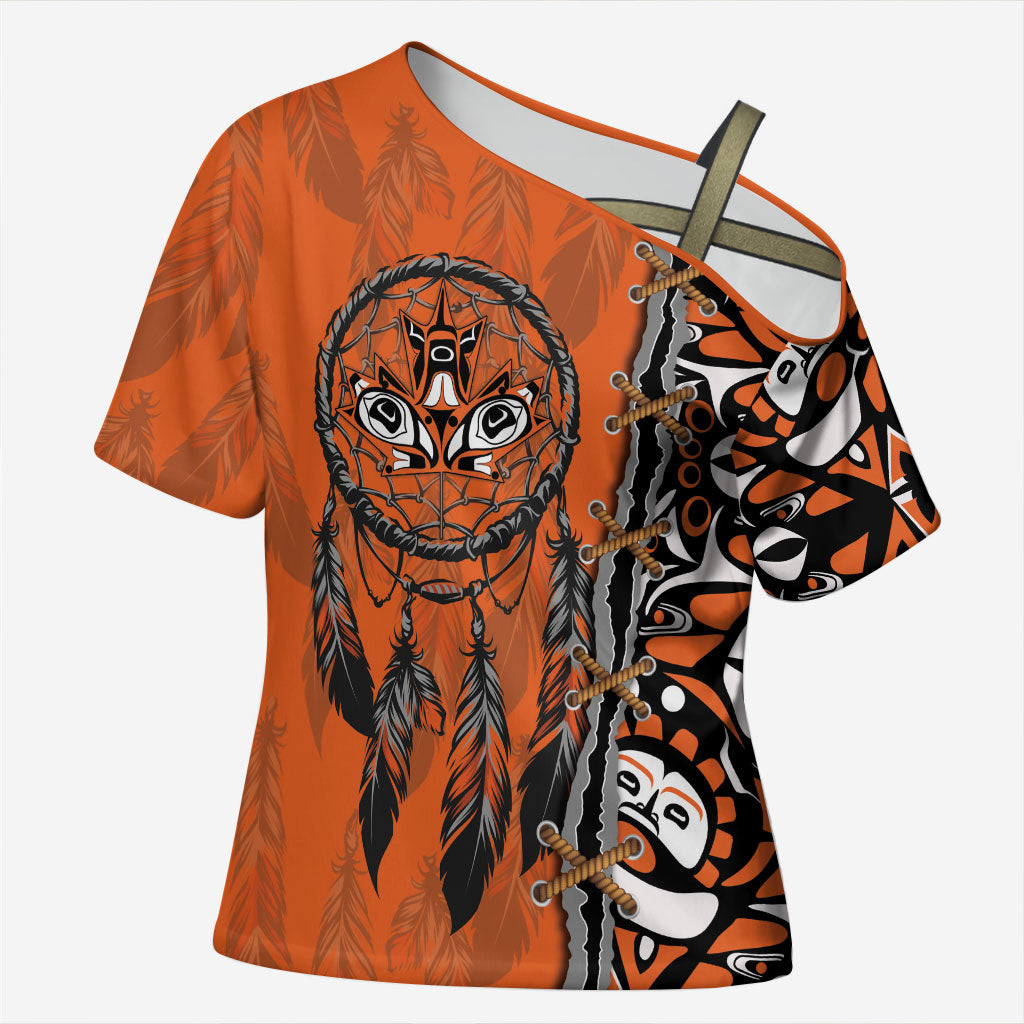 Canada Indigenous Orange Shirt Day Cross Shoulder Shirt Haida Dreamcatcher Art