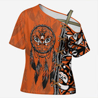 Canada Indigenous Orange Shirt Day Cross Shoulder Shirt Haida Dreamcatcher Art