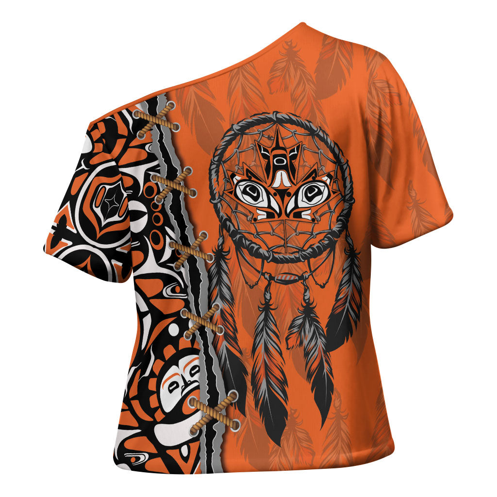 Canada Indigenous Orange Shirt Day Cross Shoulder Shirt Haida Dreamcatcher Art