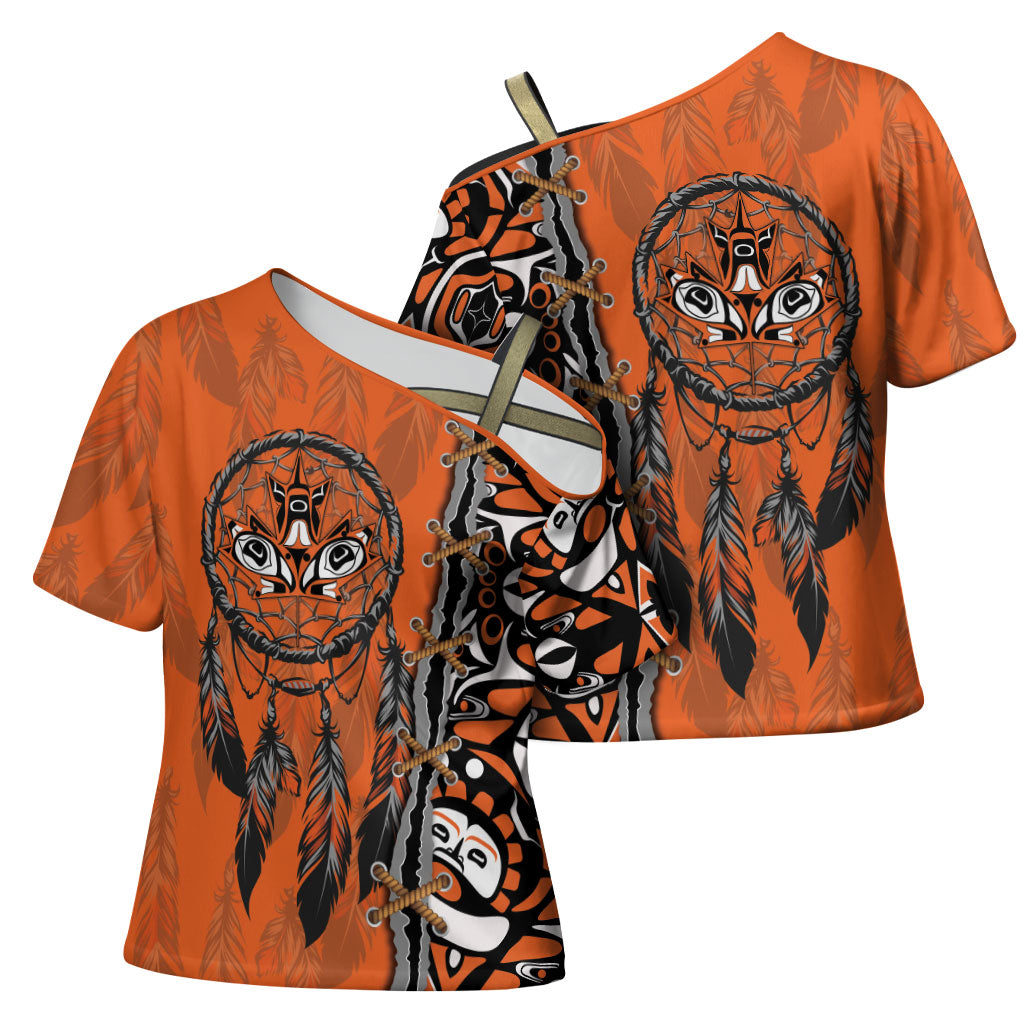 Canada Indigenous Orange Shirt Day Cross Shoulder Shirt Haida Dreamcatcher Art