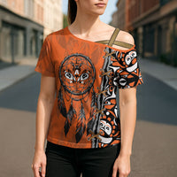 Canada Indigenous Orange Shirt Day Cross Shoulder Shirt Haida Dreamcatcher Art
