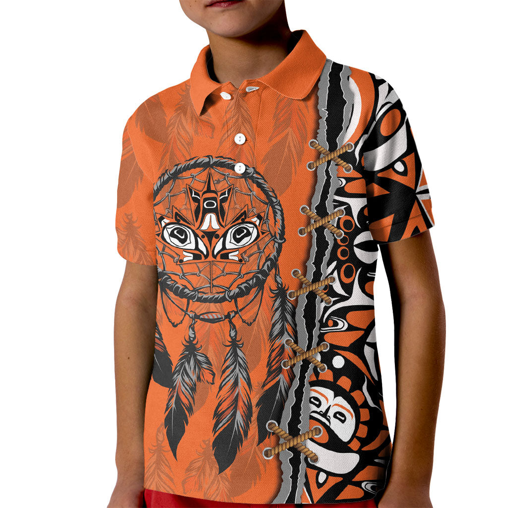 Canada Indigenous Orange Shirt Day Kid Polo Shirt Haida Dreamcatcher Art