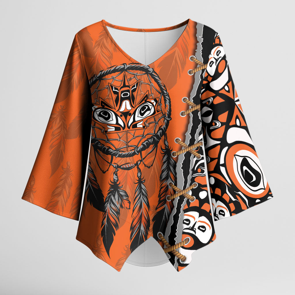 Canada Indigenous Orange Shirt Day Kimono Sleeve Blouse Haida Dreamcatcher Art