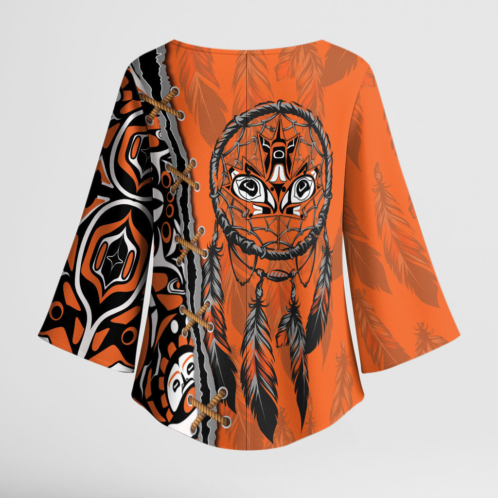 Canada Indigenous Orange Shirt Day Kimono Sleeve Blouse Haida Dreamcatcher Art
