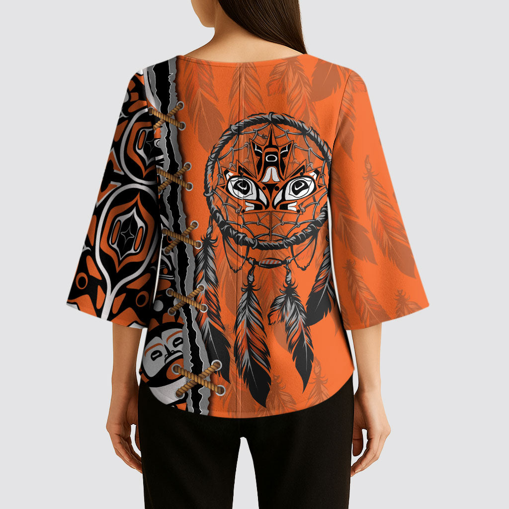 Canada Indigenous Orange Shirt Day Kimono Sleeve Blouse Haida Dreamcatcher Art