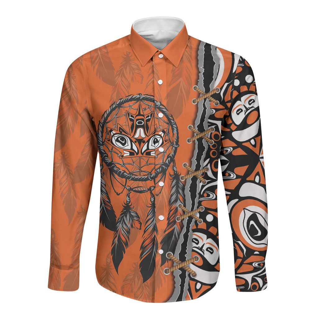 Canada Indigenous Orange Shirt Day Long Sleeve Button Shirt Haida Dreamcatcher Art