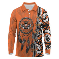 Canada Indigenous Orange Shirt Day Long Sleeve Polo Shirt Haida Dreamcatcher Art