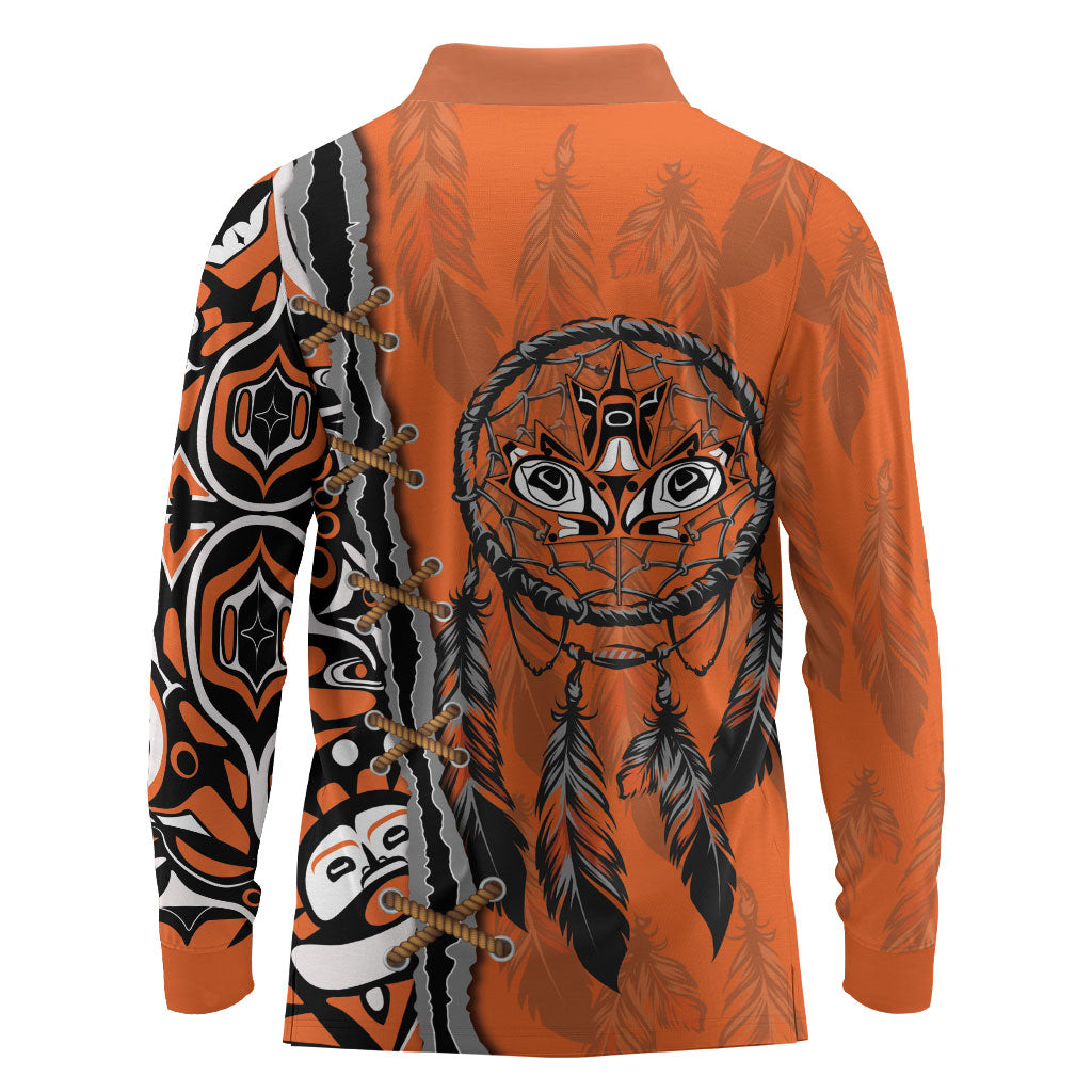 Canada Indigenous Orange Shirt Day Long Sleeve Polo Shirt Haida Dreamcatcher Art