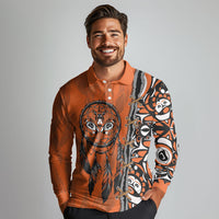 Canada Indigenous Orange Shirt Day Long Sleeve Polo Shirt Haida Dreamcatcher Art