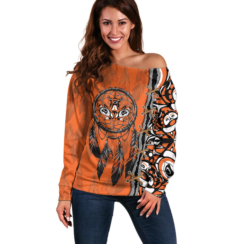 Canada Indigenous Orange Shirt Day Off Shoulder Sweater Haida Dreamcatcher Art