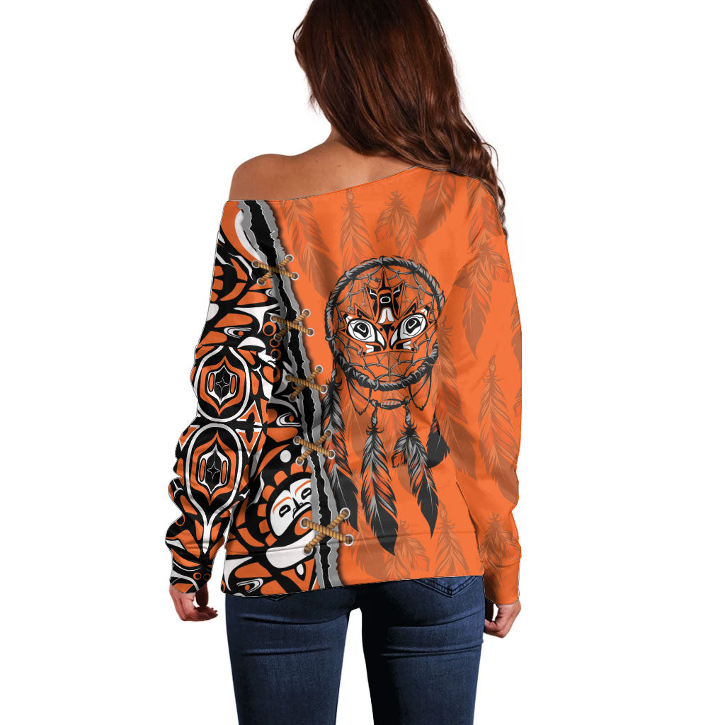 Canada Indigenous Orange Shirt Day Off Shoulder Sweater Haida Dreamcatcher Art