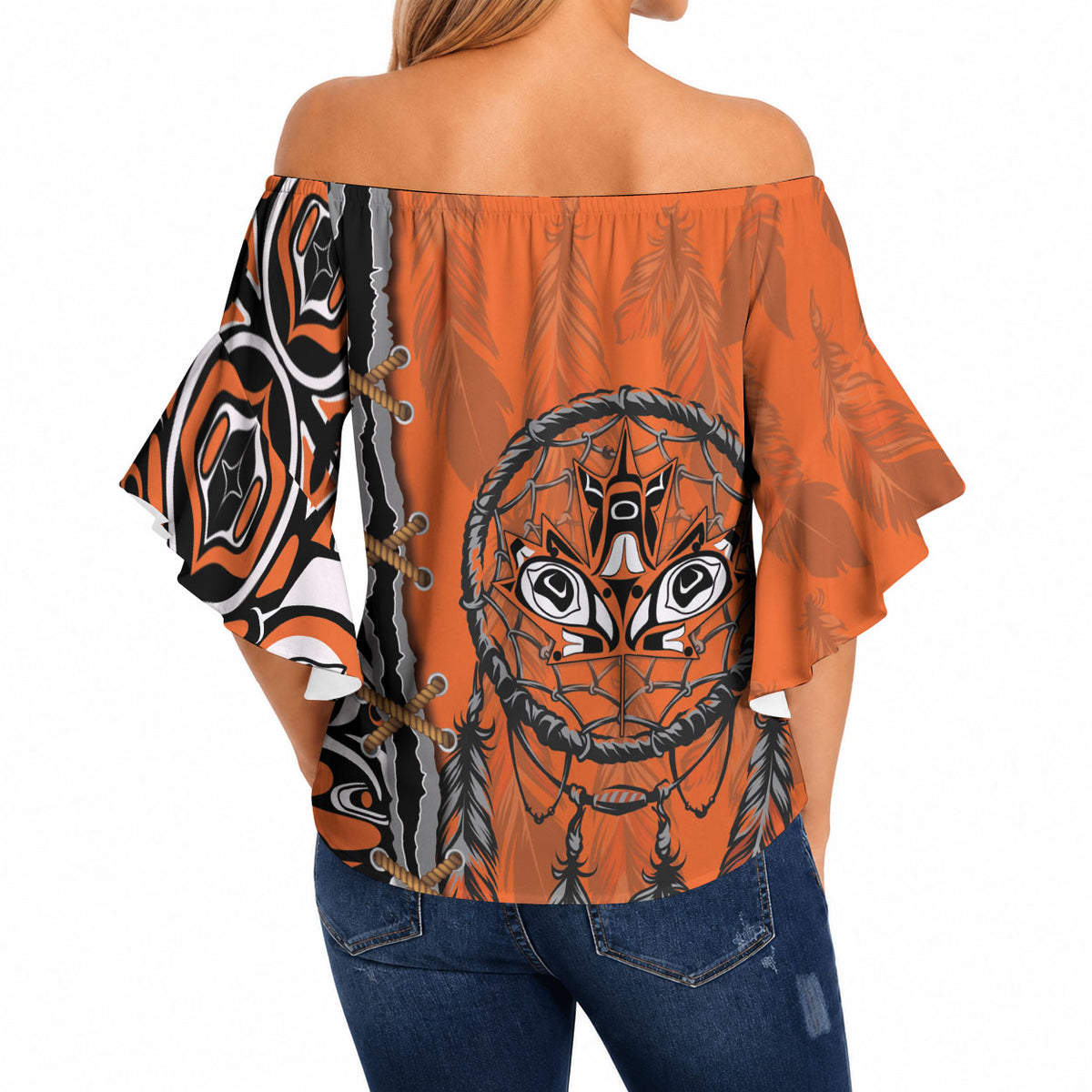 Canada Indigenous Orange Shirt Day Off Shoulder Wrap Waist Top Haida Dreamcatcher Art