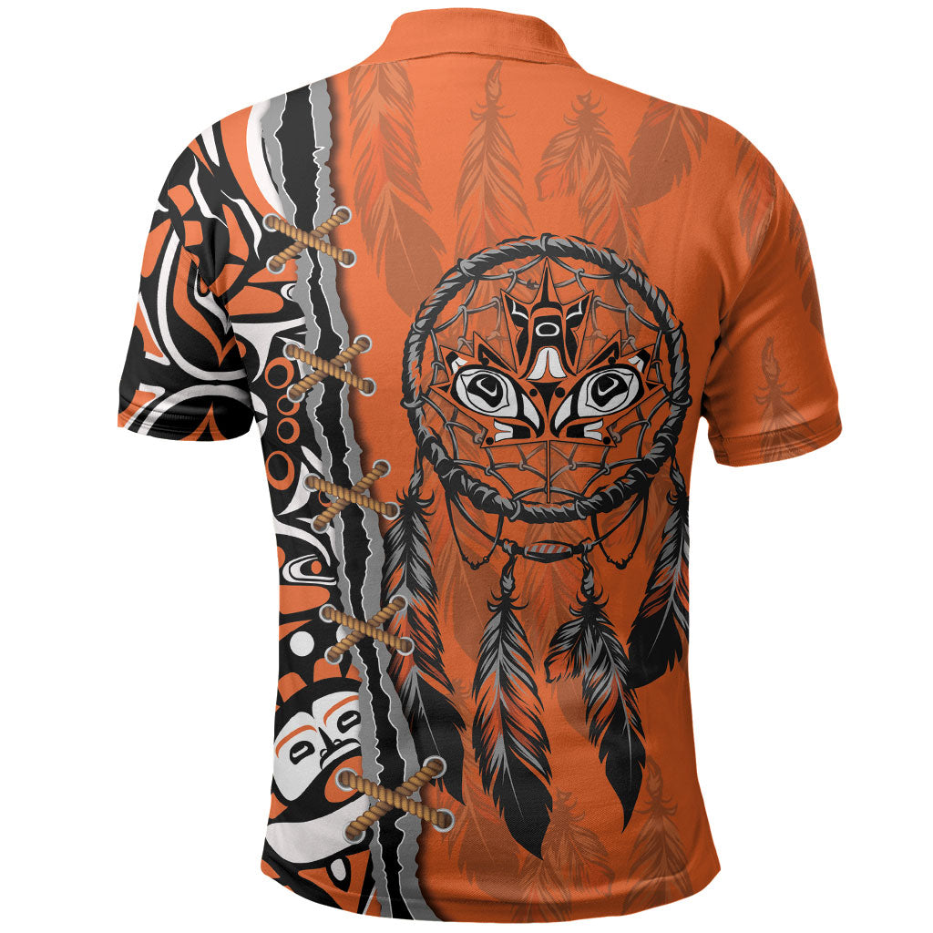 Canada Indigenous Orange Shirt Day Polo Shirt Haida Dreamcatcher Art