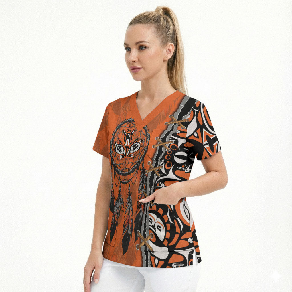 Canada Indigenous Orange Shirt Day Scrub Top Haida Dreamcatcher Art