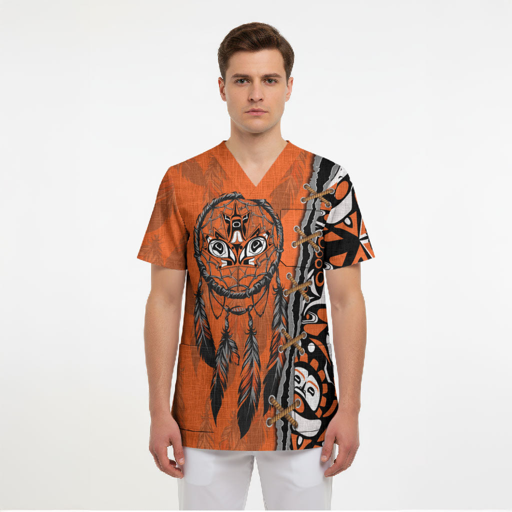 Canada Indigenous Orange Shirt Day Scrub Top Haida Dreamcatcher Art