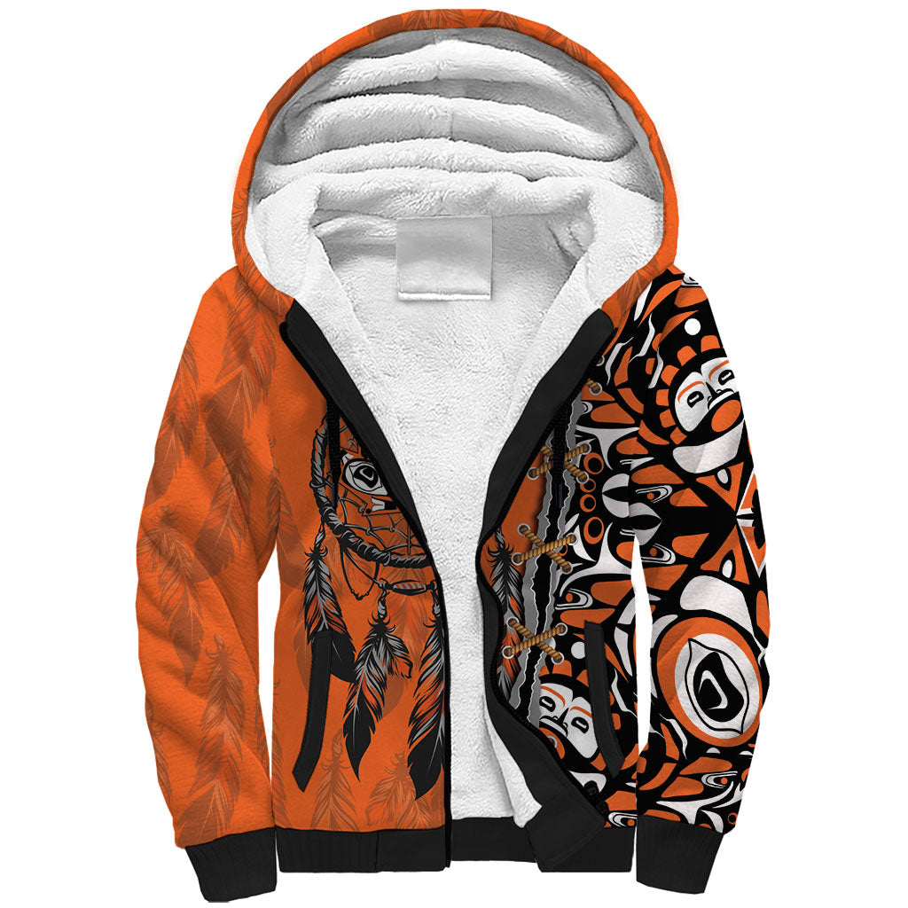 Canada Indigenous Orange Shirt Day Sherpa Hoodie Haida Dreamcatcher Art
