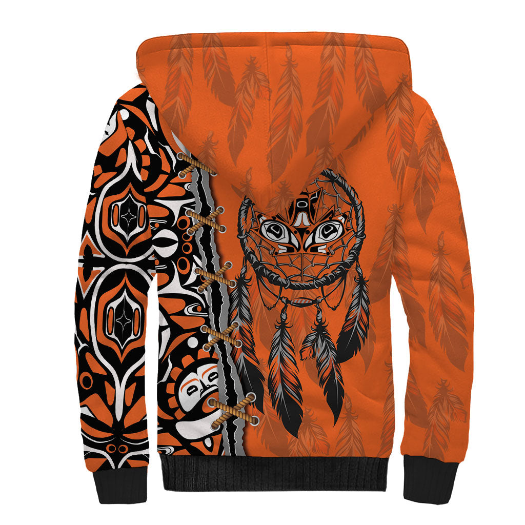 Canada Indigenous Orange Shirt Day Sherpa Hoodie Haida Dreamcatcher Art