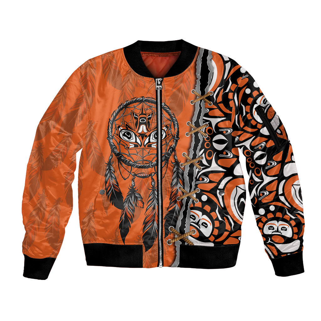 Canada Indigenous Orange Shirt Day Sleeve Zip Bomber Jacket Haida Dreamcatcher Art