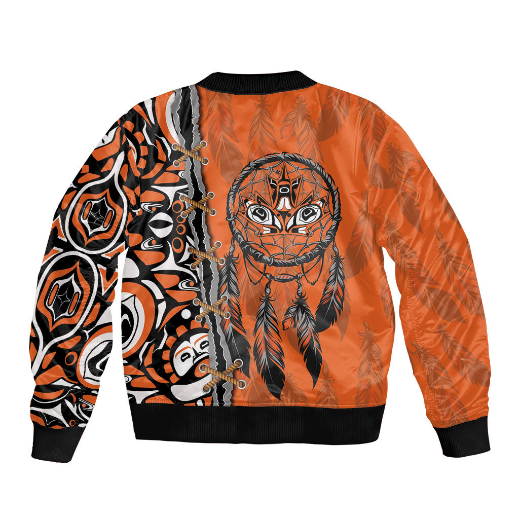 Canada Indigenous Orange Shirt Day Sleeve Zip Bomber Jacket Haida Dreamcatcher Art