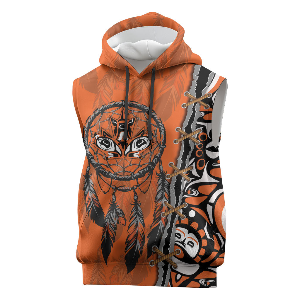 Canada Indigenous Orange Shirt Day Sleeveless Hoodie Haida Dreamcatcher Art