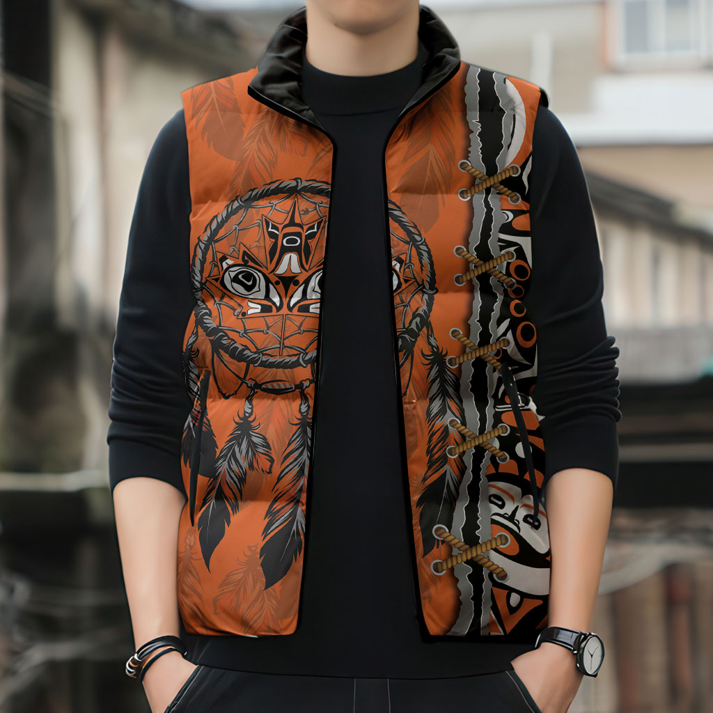 Canada Indigenous Orange Shirt Day Sleeveless Puffer Jacket Haida Dreamcatcher Art