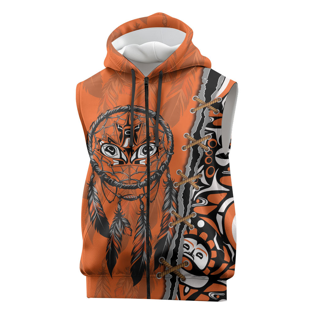 Canada Indigenous Orange Shirt Day Sleeveless Zip Hoodie Haida Dreamcatcher Art
