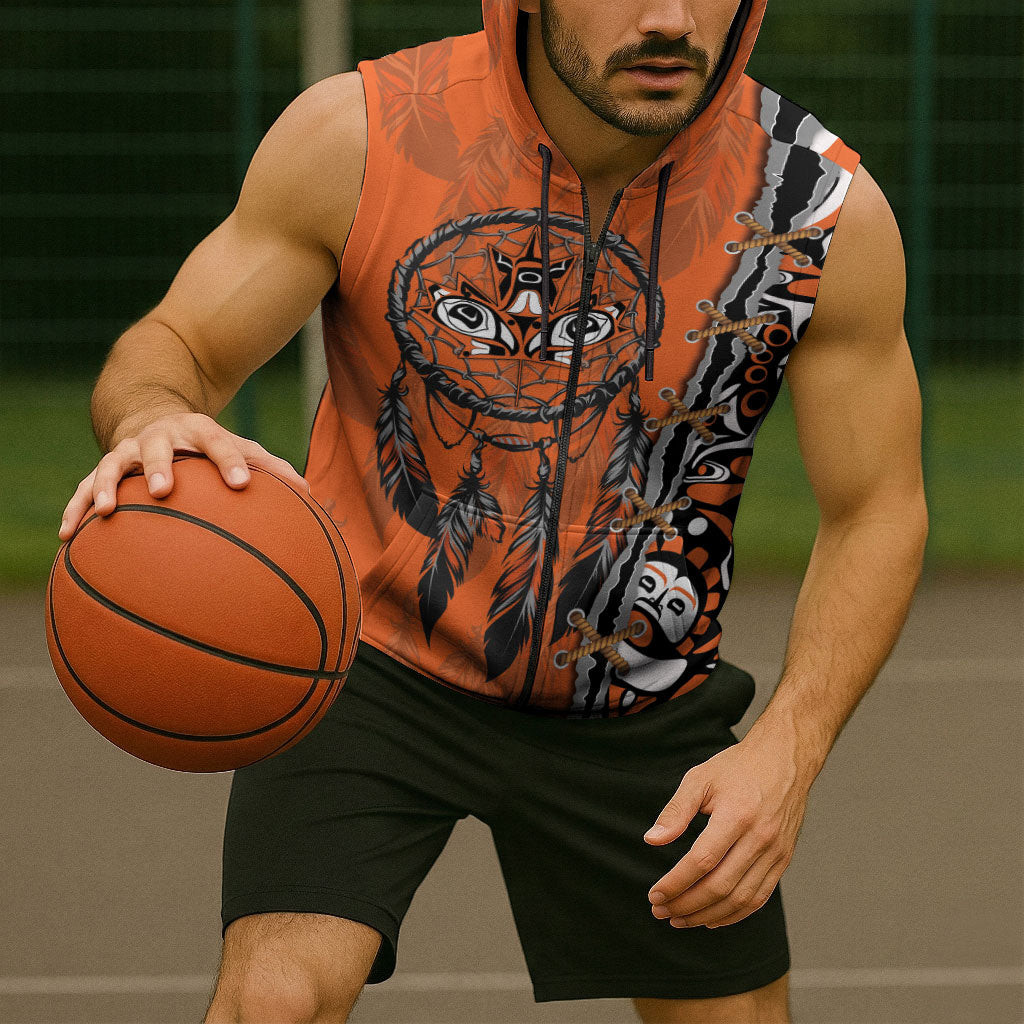 Canada Indigenous Orange Shirt Day Sleeveless Zip Hoodie Haida Dreamcatcher Art