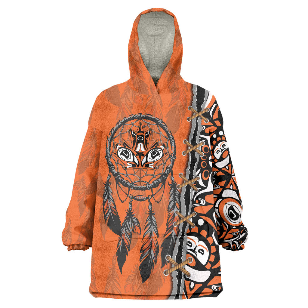 Canada Indigenous Orange Shirt Day Wearable Blanket Hoodie Haida Dreamcatcher Art