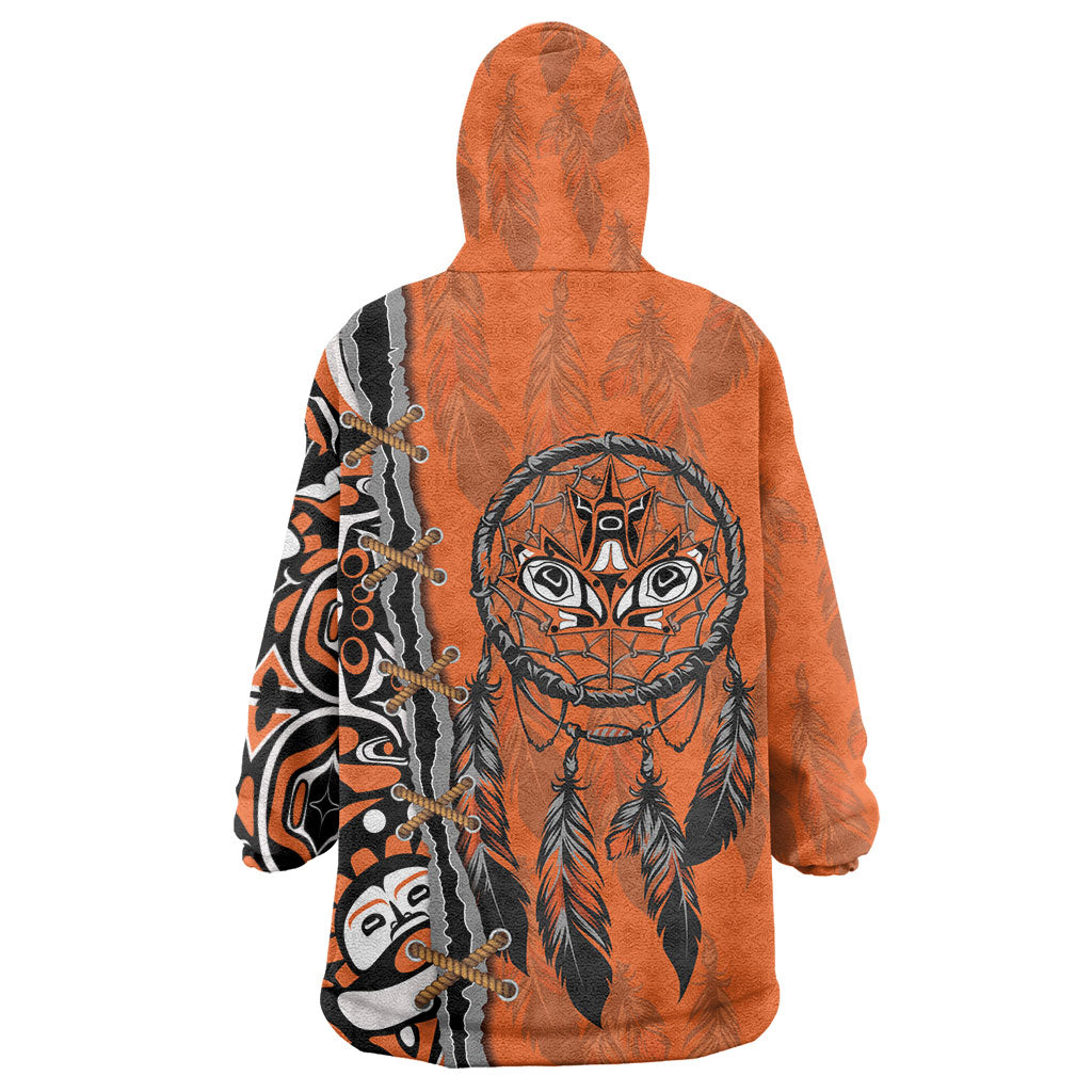 Canada Indigenous Orange Shirt Day Wearable Blanket Hoodie Haida Dreamcatcher Art