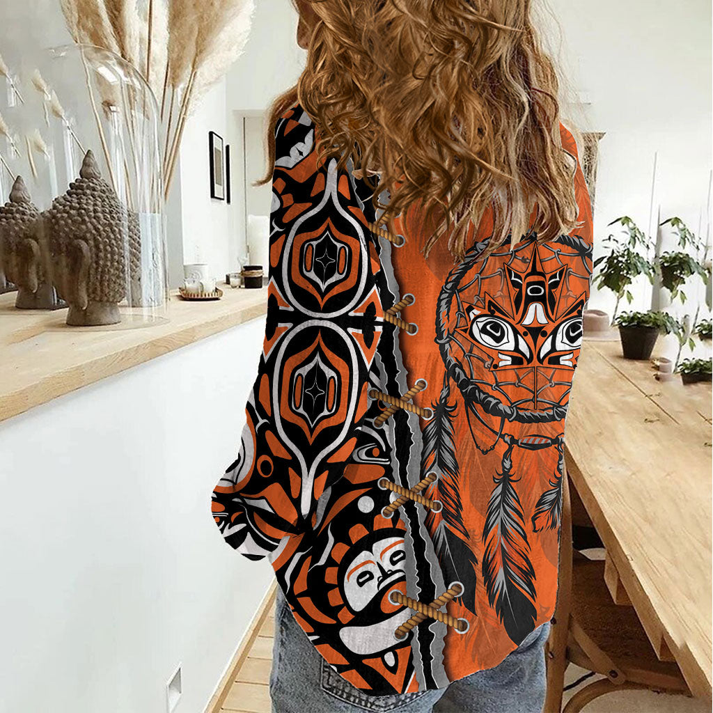 Canada Indigenous Orange Shirt Day Women Casual Shirt Haida Dreamcatcher Art