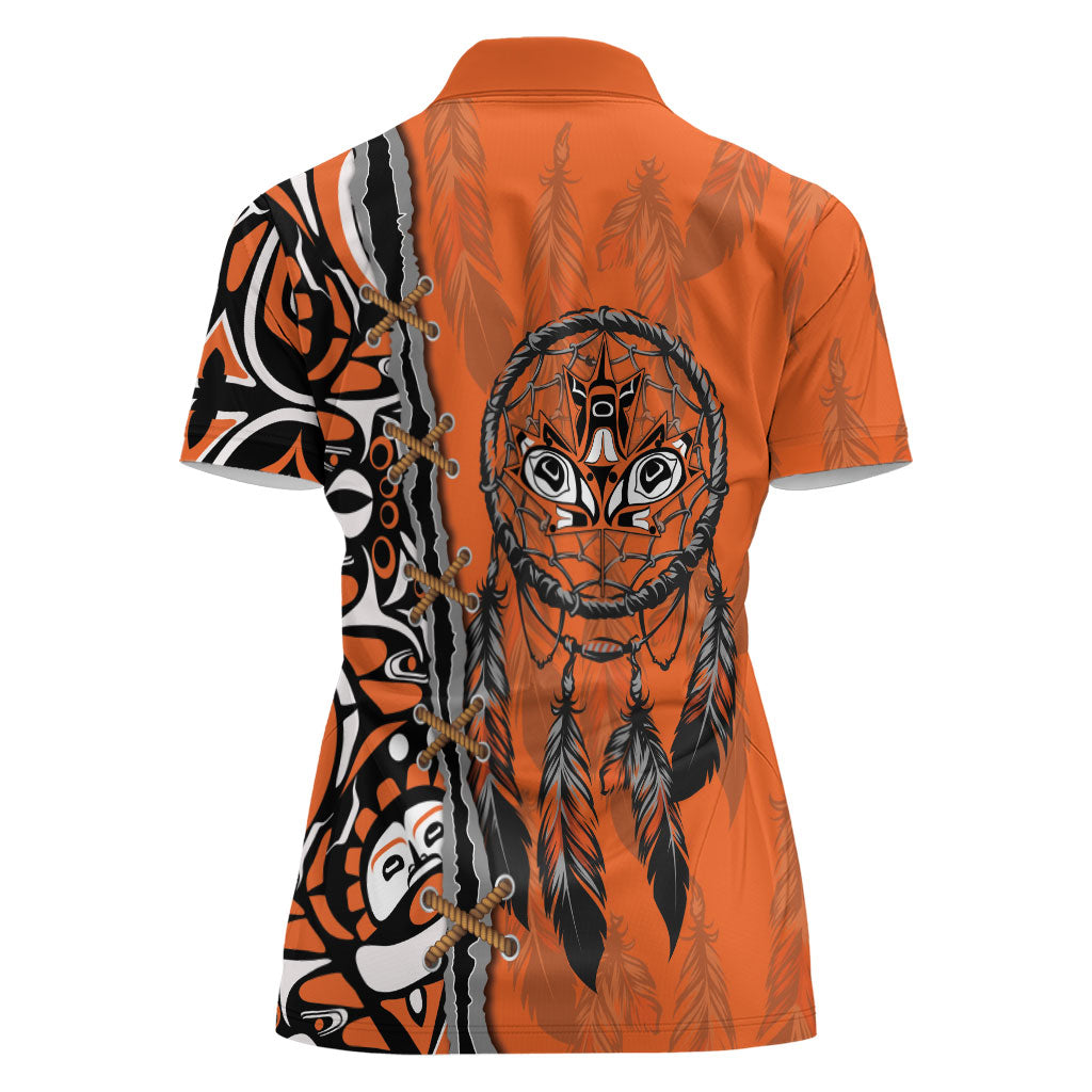 Canada Indigenous Orange Shirt Day Women Polo Shirt Haida Dreamcatcher Art