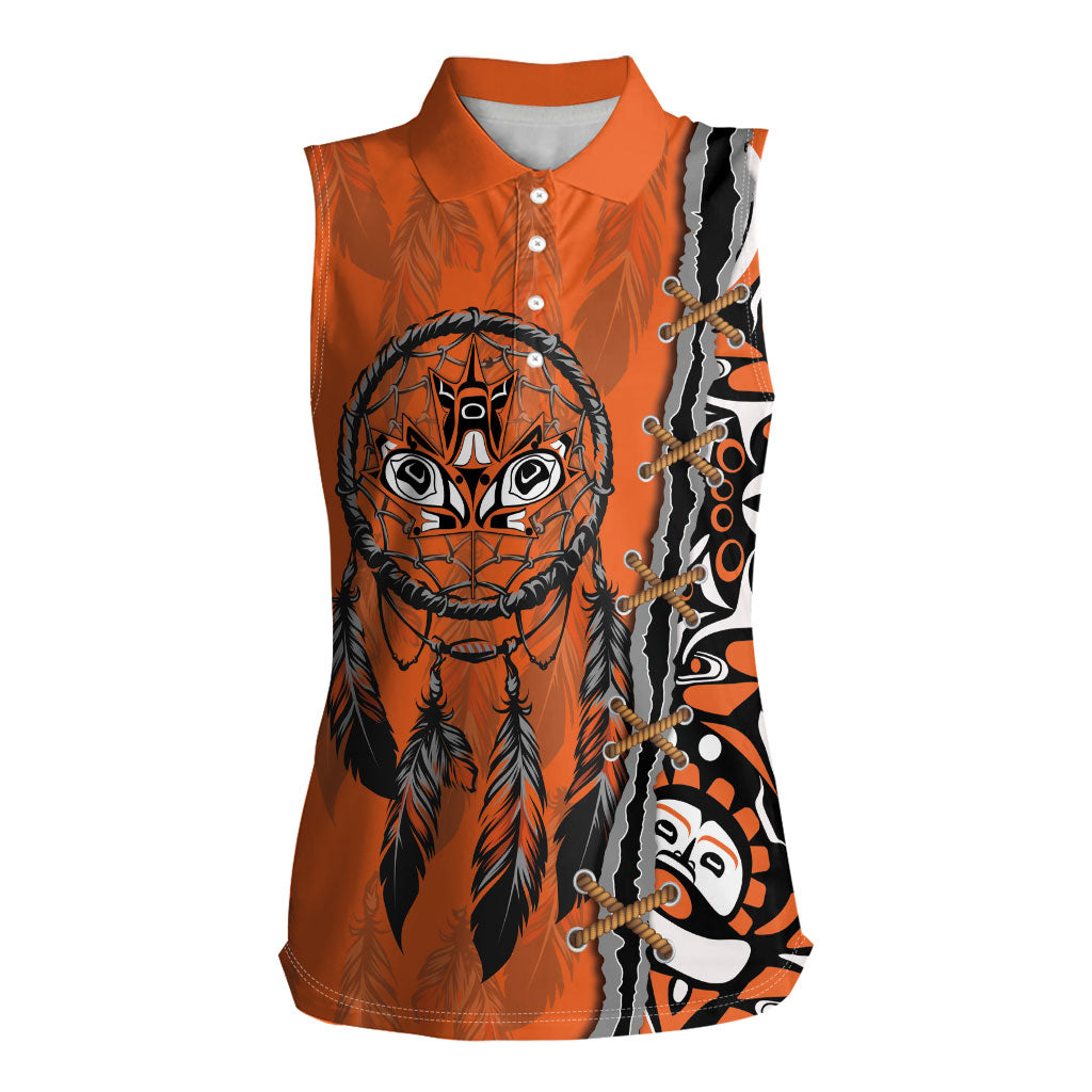 Canada Indigenous Orange Shirt Day Women Sleeveless Polo Shirt Haida Dreamcatcher Art
