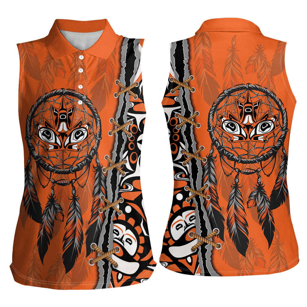 Canada Indigenous Orange Shirt Day Women Sleeveless Polo Shirt Haida Dreamcatcher Art