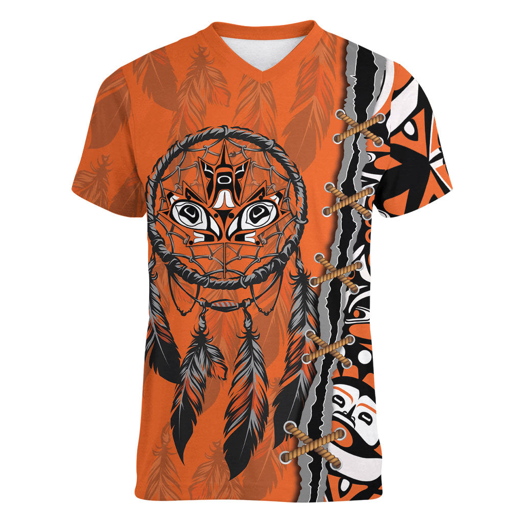 Canada Indigenous Orange Shirt Day Women V-Neck T-Shirt Haida Dreamcatcher Art