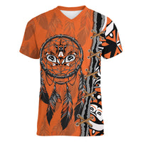 Canada Indigenous Orange Shirt Day Women V-Neck T-Shirt Haida Dreamcatcher Art