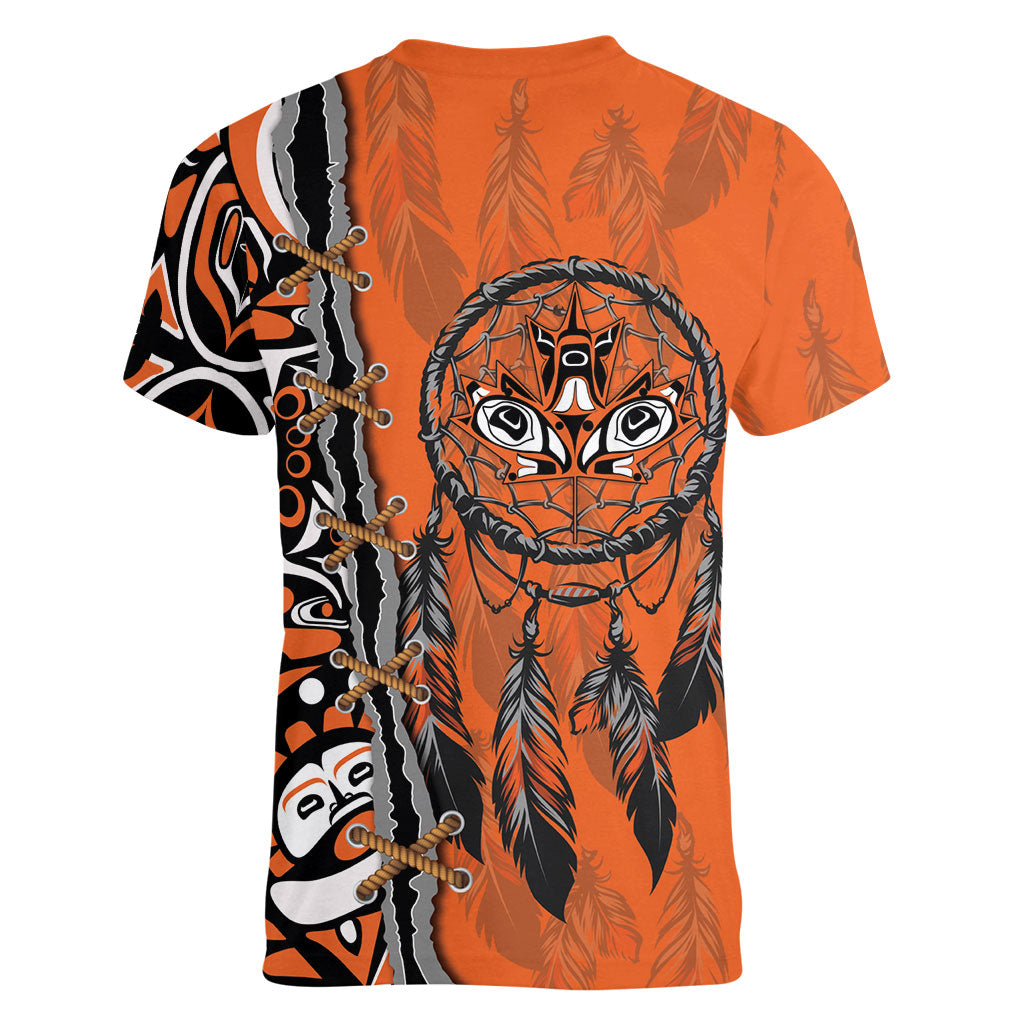 Canada Indigenous Orange Shirt Day Women V-Neck T-Shirt Haida Dreamcatcher Art
