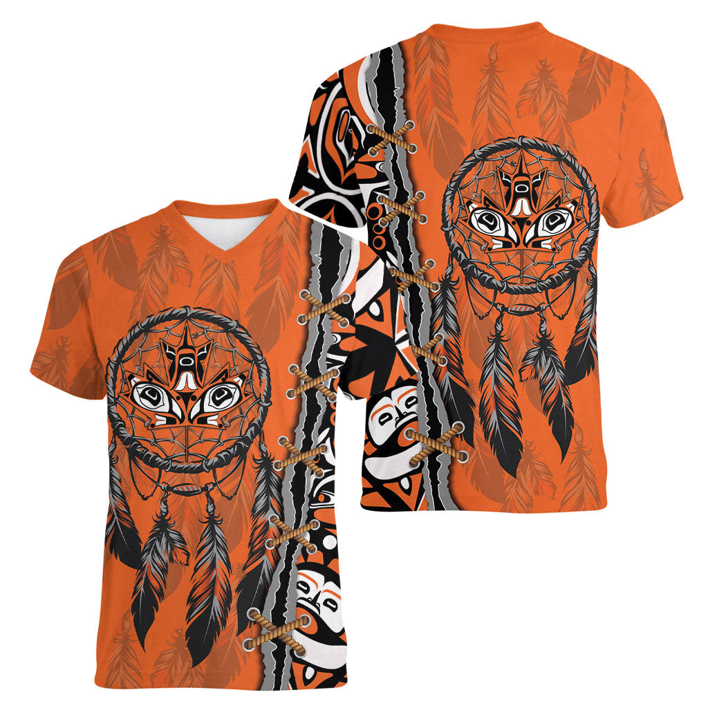 Canada Indigenous Orange Shirt Day Women V-Neck T-Shirt Haida Dreamcatcher Art