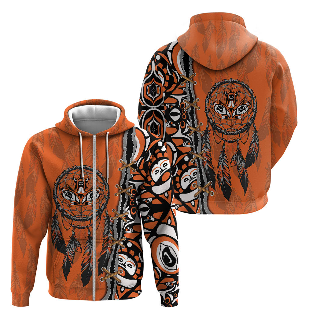 Canada Indigenous Orange Shirt Day Zip Hoodie Haida Dreamcatcher Art